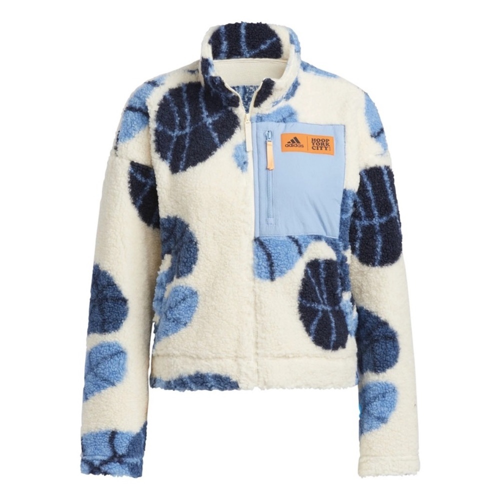 Adidas Hoop York City Sherpa Plush Fleece Jacket Ivory Blue Size XL